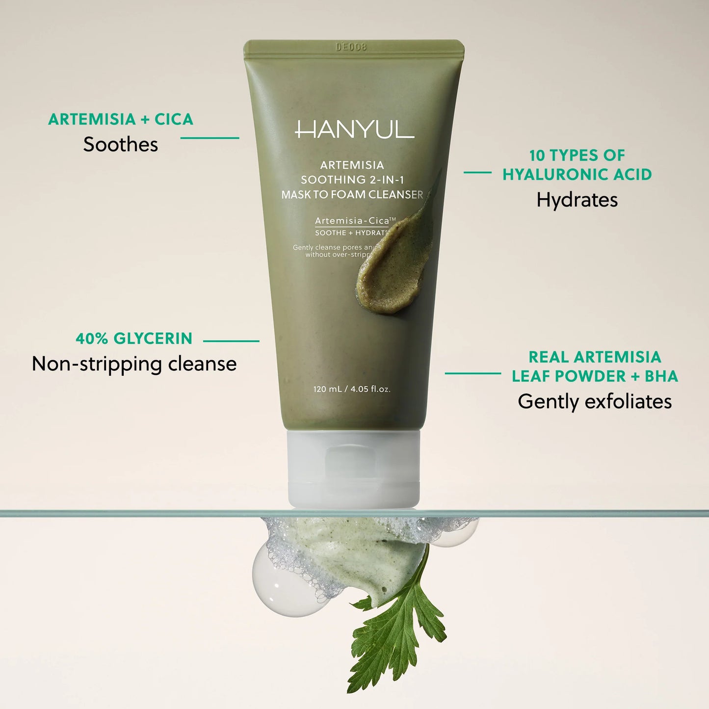 HANYUL Pure Artemisia Cleansing Pack Foam 120ml+free gift 15ml